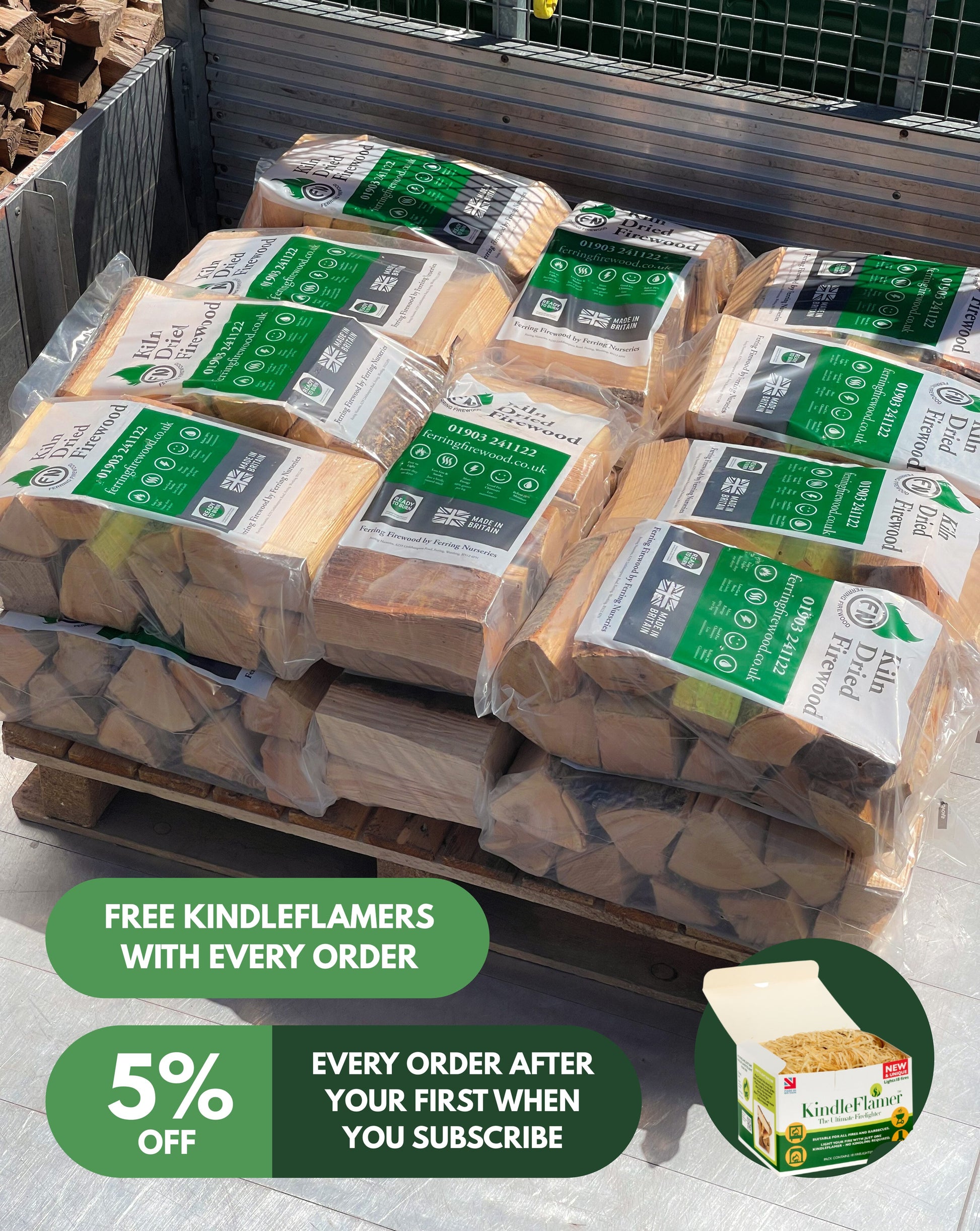Pallet of packaged kiln dried firewood bags with badges for free KindleFlamers with every order and 5% off subscribed orders after the first.