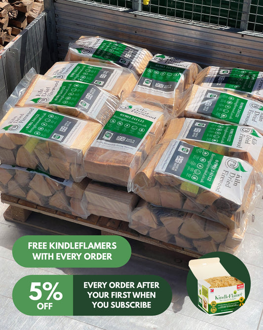 Pallet of packaged kiln dried firewood bags with badges for free KindleFlamers with every order and 5% off subscribed orders after the first.