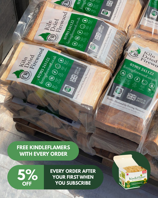 Close up of stacked kiln dried firewood bags with badges for free KindleFlamers with every order and 5% off subscribed orders after the first.