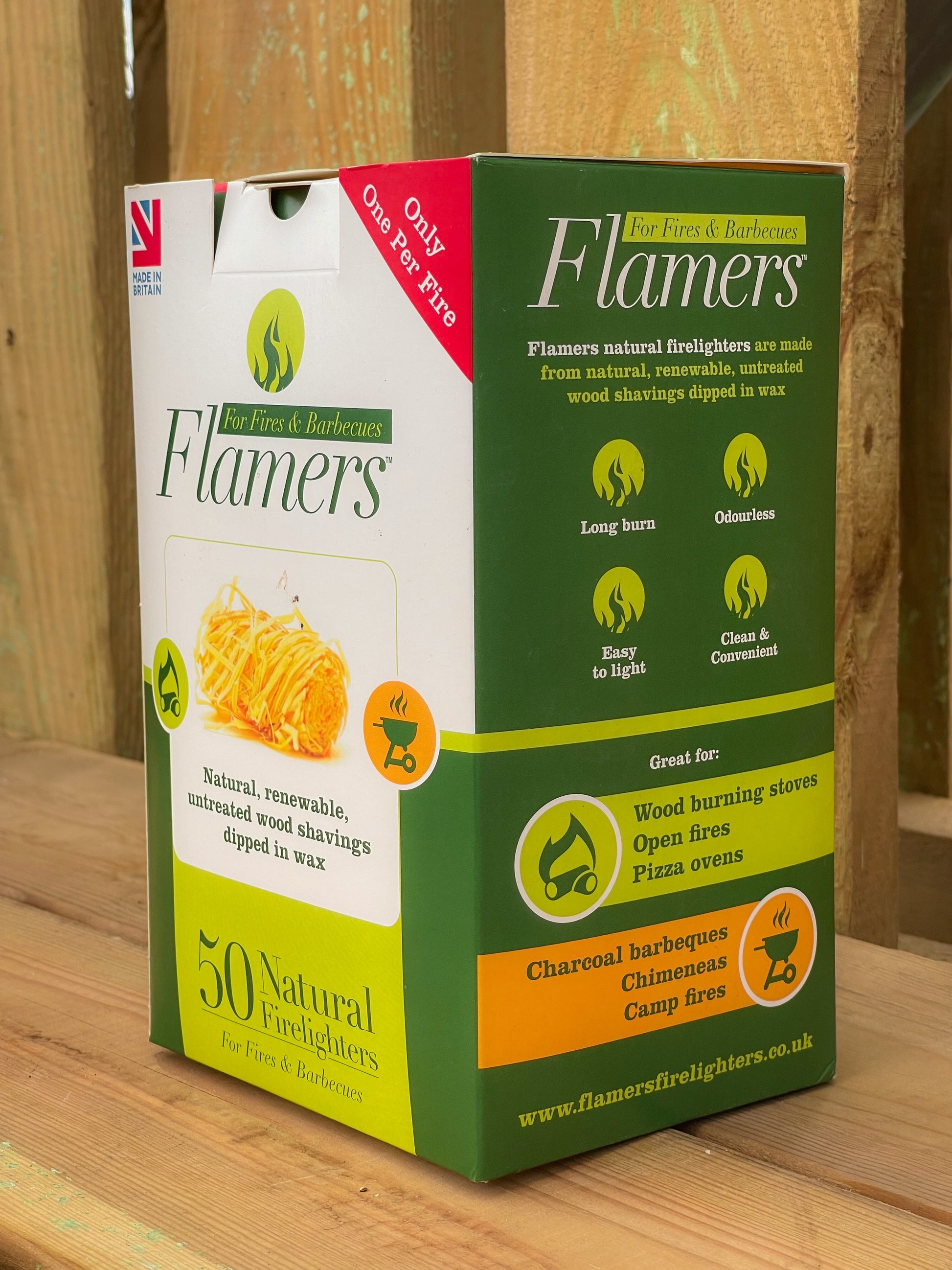 Back of box of Flamer Firelighters showing the benefits of using Flamers. long burn time, odourless, easy to light, clean