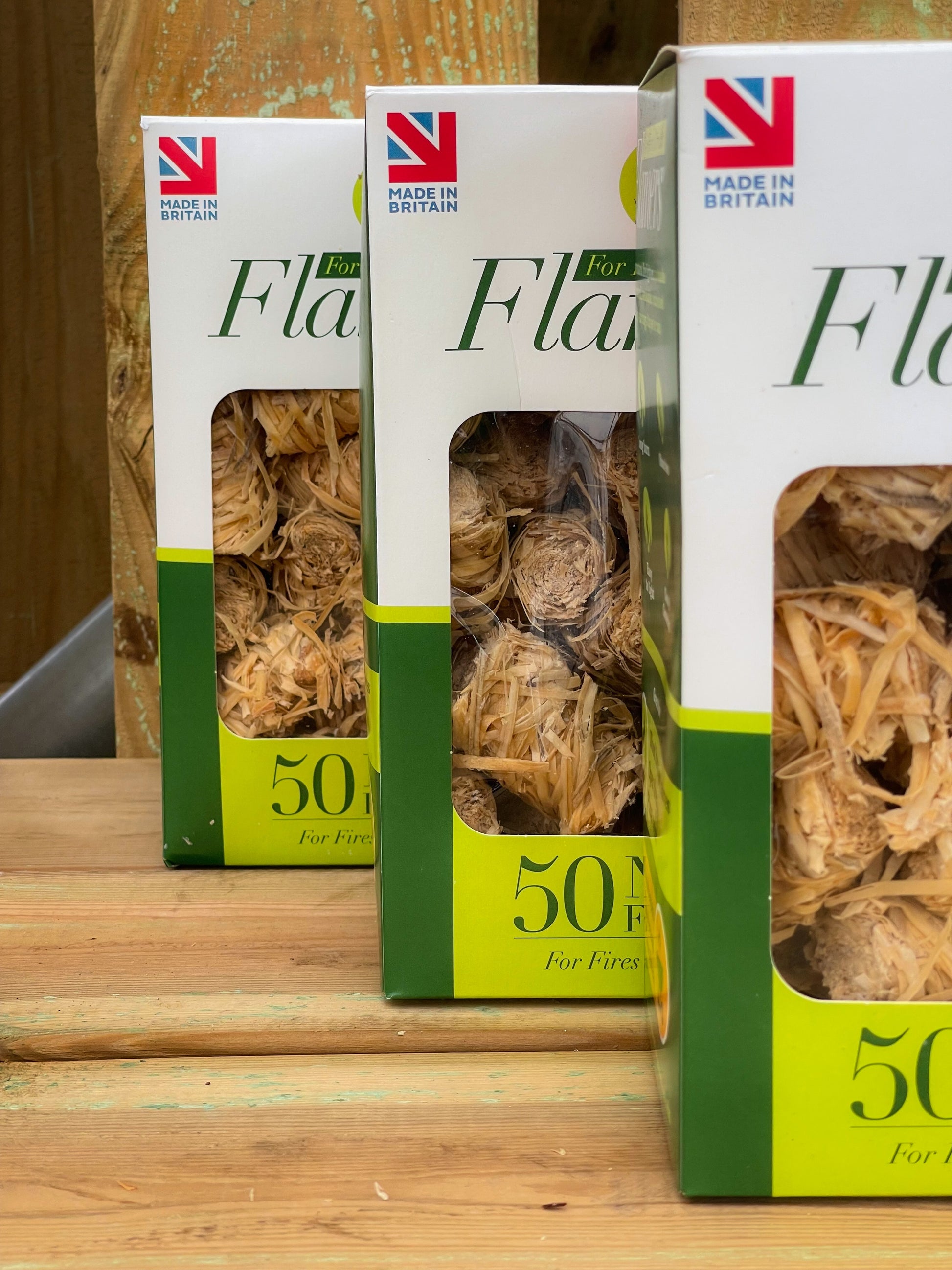 Natural Flamer Firelighters on display. Made in Britain