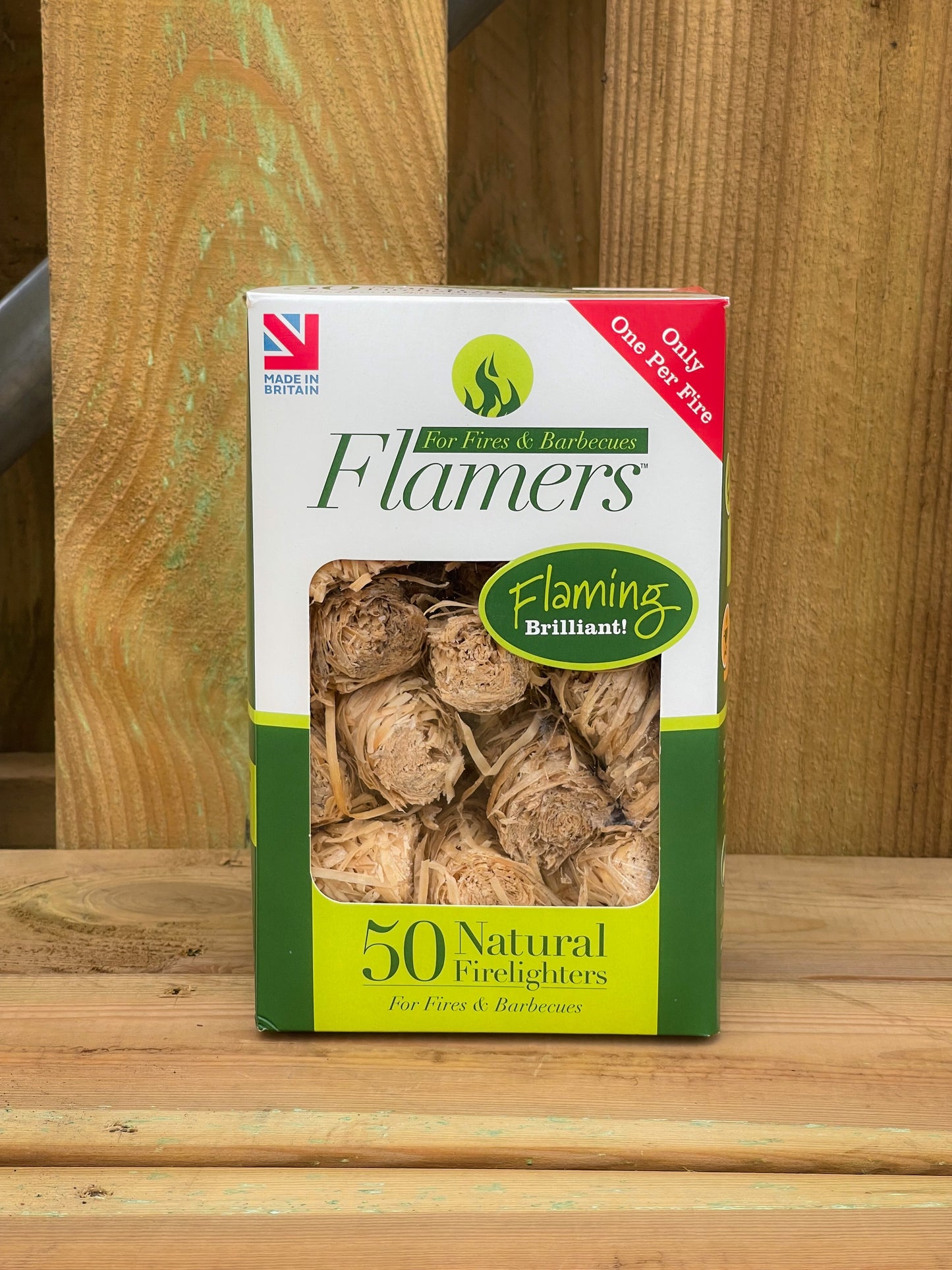 Front view of a box of Flamer Firelighters 50 pack